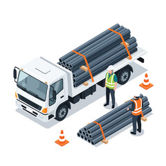 Construction workers unloading large pipes from a truck for a building project, industrial logistics.