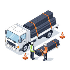 Construction workers unloading pipes from a truck, representing infrastructure development and material delivery for urban projects.