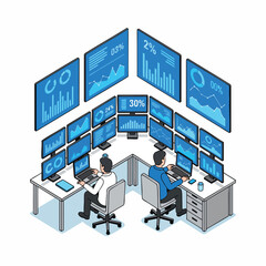 Diverse professionals working in a modern office with multiple computer monitors displaying financial charts and data analytics.