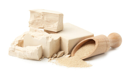 Fresh and dry yeast isolated on white