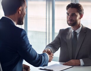 Zwei Geschäftsmänner machen einen Vertrag im Büro und geben sich die Hände