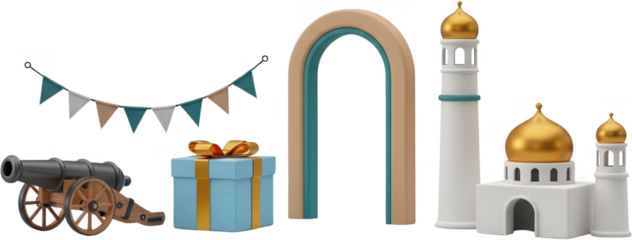 A collection of 3D rendered celebratory objects including an Islamic mosque cannon gift box arch and decorative pennant banner flags celebration Ramadan Eid gold transparent background