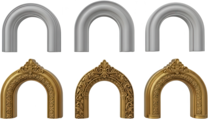 Collection of three smooth metallic horseshoe shapes and three ornate golden carved architectural archway frames silver curve antique classic carving door entrance transparent background