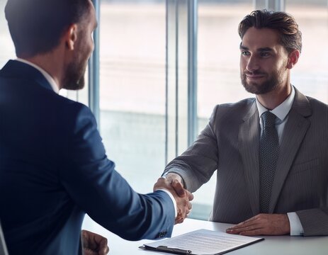 Zwei Geschäftsmänner machen einen Vertrag im Büro und geben sich die Hände