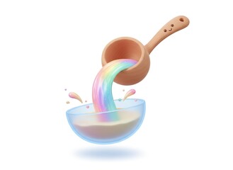 Obraz premium Rainbow Liquid Pouring from Wooden Ladle into Glass Bowl on White Background.