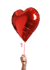 Woman with red-heart shaped balloon on white background, closeup