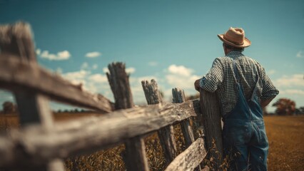 Farmer contemplates field by old wooden fence