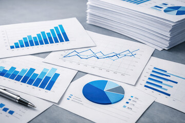 Analysis of bar and pie charts on papers with a pen and a stack of papers showing financial data and information