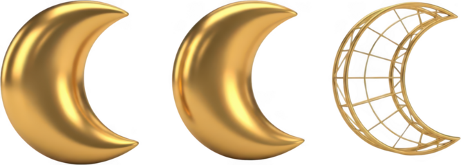 Three crescent moon shapes displayed side by side showing solid polished gold smooth gold and wireframe gold 3D models golden symbol astronomy celestial metallic transparent background