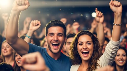 Enthusiastic crowd celebrating with raised arms and joyful expressions