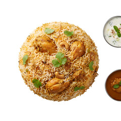 Top view of chicken biryani set against a white backdrop


