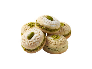 Pistachio maamoul cookies from the Arabic region, set against a white background.

