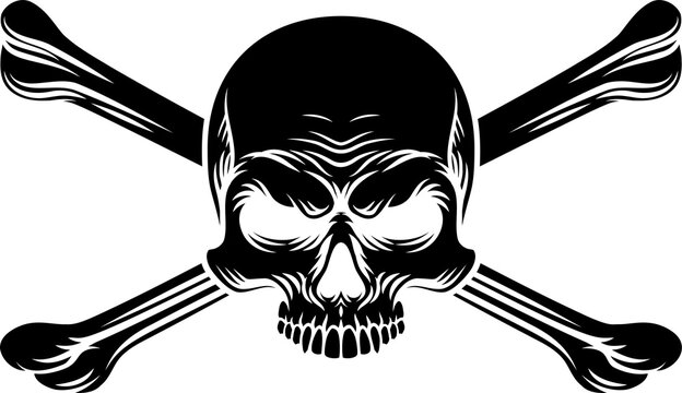 A skull and crossbones pirate crossed bones jolly roger design in a vintage retro woodcut style