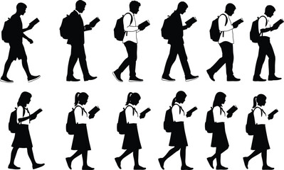 Obraz premium School students silhouettes walking and reading books with backpacks, boys and girls education concept illustration isolated on white background
