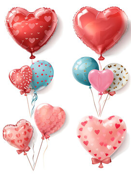 Colorful heart balloon bunch illustration set, party decoration element with dots and heart patterns, isolated Valentine's Day and birthday vector style