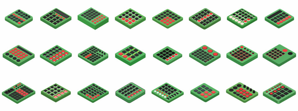 Isometric Drum Machine and MIDI Pad Controller Icons Collection. Digital Music Production Equipment Vector Illustration Set.