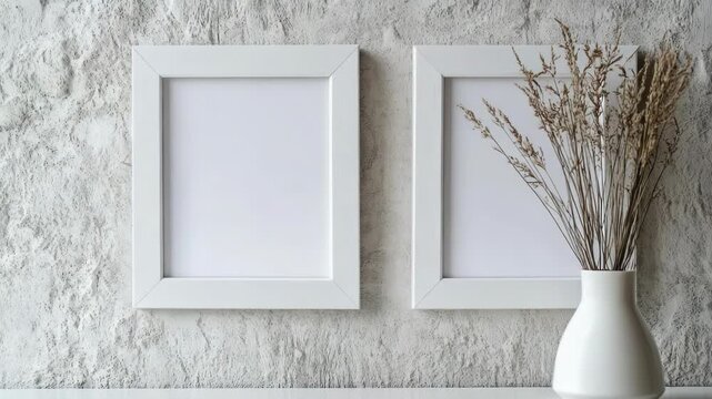 Footage Two empty picture frames sit next to a vase filled with dried plants, great for minimalist decor or a unique presentation