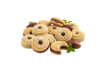 Arabic oriental cookies made with dates, known as maamoul, are a sweet treat for Eid al-Fitr and Ramadan, isolated on a white background.