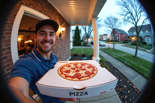 A man delivering a box of pizza stands outside on a house porch as seen thru the door peephole. A food delivery gig worker in front of a home, ringing doorbell, holding ordered item bought online.