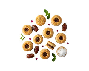 Arabic oriental cookies made with dates, known as maamoul, are sweet treats for Eid al-Fitr and Ramadan, isolated on a white background.