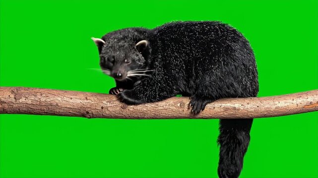A captivating view of a black bearcat perched on a branch.