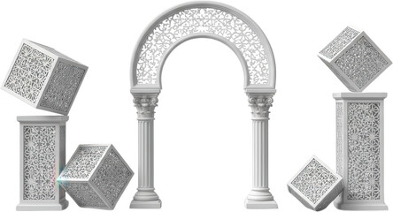 White architectural archway flanked by decorative pillars and intricately carved cubic pedestals featuring ornamental fretwork design cube carving geometric marble transparent background