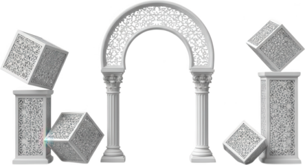 White architectural archway flanked by decorative pillars and intricately carved cubic pedestals featuring ornamental fretwork design cube carving geometric marble transparent background