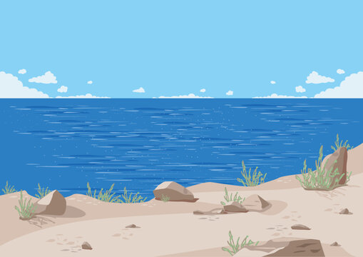 A rocky cliff with a path by the sea. A summer vacation by the sea. A beautiful seascape. Vector illustration.