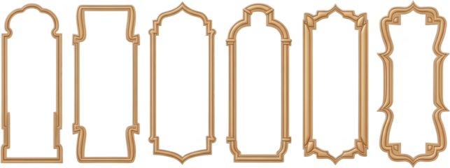 A collection of six ornate carved wooden decorative frames featuring various arch and geometric architectural molding shapes in a light brown tone border ornamental transparent background