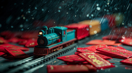 Teal Toy Locomotive on Tracks with Scattered Red Envelopes in a Moody Rainy Setting