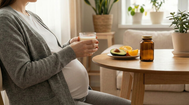 Pregnant Woman Sitting on Sofa Holding Glass of Milk for Healthy Diet