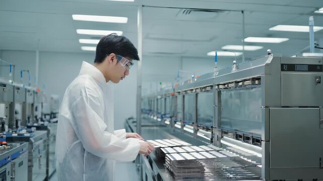 Asian male technician in cleanroom suit and goggles prepares electrode sheets for a stacking machine in a bright cleanroom