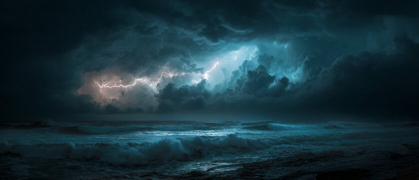 Epic Thunderstorm and Lightning Strike Over Rough Sea Waves