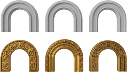 Six architectural semicircular arch moldings displayed in two rows featuring plain gray and ornate gold styles architectural element gray molding classical design transparent background