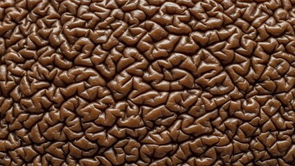 Rich, dark brown caramel with a glossy, wrinkled surface, creating an abstract, textured background.