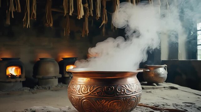 Herbal decoction simmers in a copper pot as steam rises. Open-fire clay stoves and dried plants hang in an ayurvedic kitchen. The process highlights traditional methods of herbal preparation