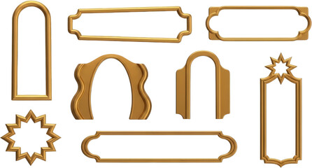 A collection of ornate golden decorative frames and architectural elements featuring varied traditional and arabesque shapes and designs golden frame decorative border transparent background