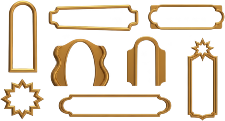 A collection of ornate golden decorative frames and architectural elements featuring varied traditional and arabesque shapes and designs golden frame decorative border transparent background