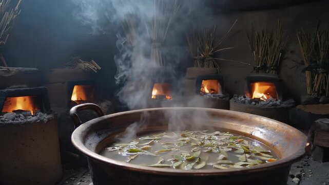 Herbal decoction cooks in a copper pot. Steam rises as the liquid darkens. An open-fire ayurvedic kitchen has clay stoves and bundles of dried plants hanging nearby