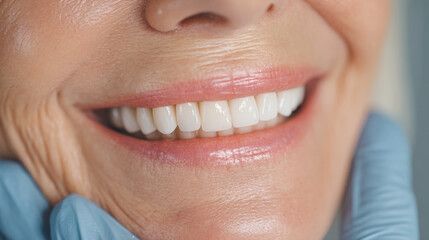 Close Up of Healthy White Teeth Smile with Dentist Gloves