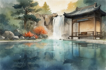 Traditional Oriental Garden Pavilion with Waterfall and Reflective Pond Watercolor Art