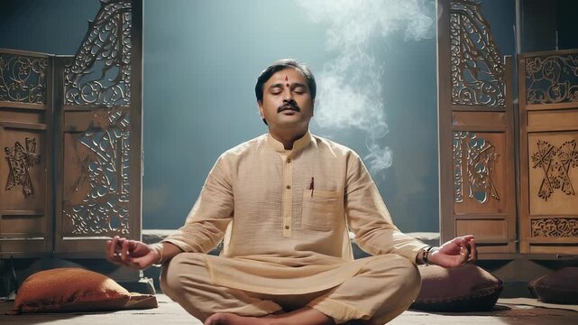 An Indian male yogi practices slow pranayama breathing with eyes closed in a room with floor cushions and aromatic incense. The atmosphere features carved wooden decor and soft lighting