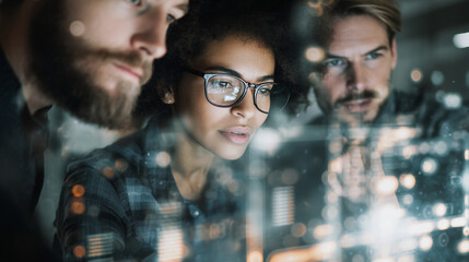 Diverse Professional Team Examining Complex Data Analytics on Transparent Screen in Office