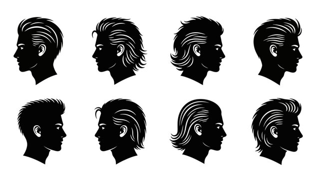 Collection of eight black and white silhouette profiles of men's hairstyles, showcasing various lengths and styling.
