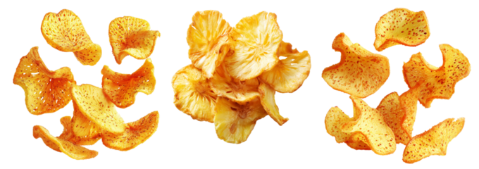 Set of Fiji takeaway and street foods fried breadfruit chips rustic alternative to potato chips on white transparent background