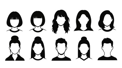 Collection of diverse cartoon avatars showcasing various hairstyles and genders, presented in a clean, black and white graphic style. © nanda