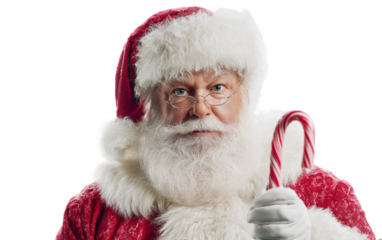 Santa holding a candy cane dressed in red velvet suit captured in bright studio lighting for festive holiday concepts isolated on transparent background PNG
