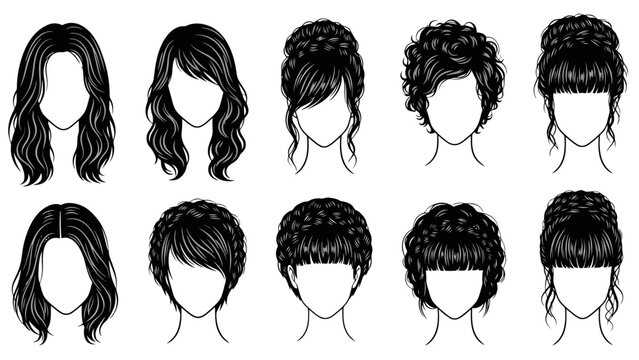 Vector illustration set of various female hairstyles including long, short, curly, wavy, and updo styles, perfect for fashion and beauty designs.