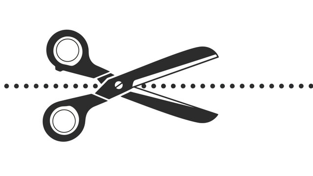 Black and white graphic illustration of open scissors positioned above a horizontal dotted line, indicating a cutting instruction.