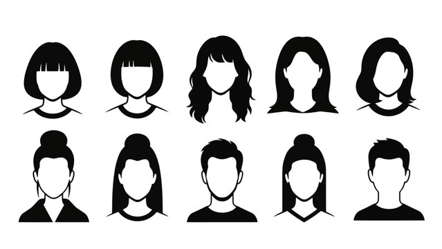 Collection of diverse cartoon avatars showcasing various hairstyles and genders, presented in a clean, black and white graphic style.
